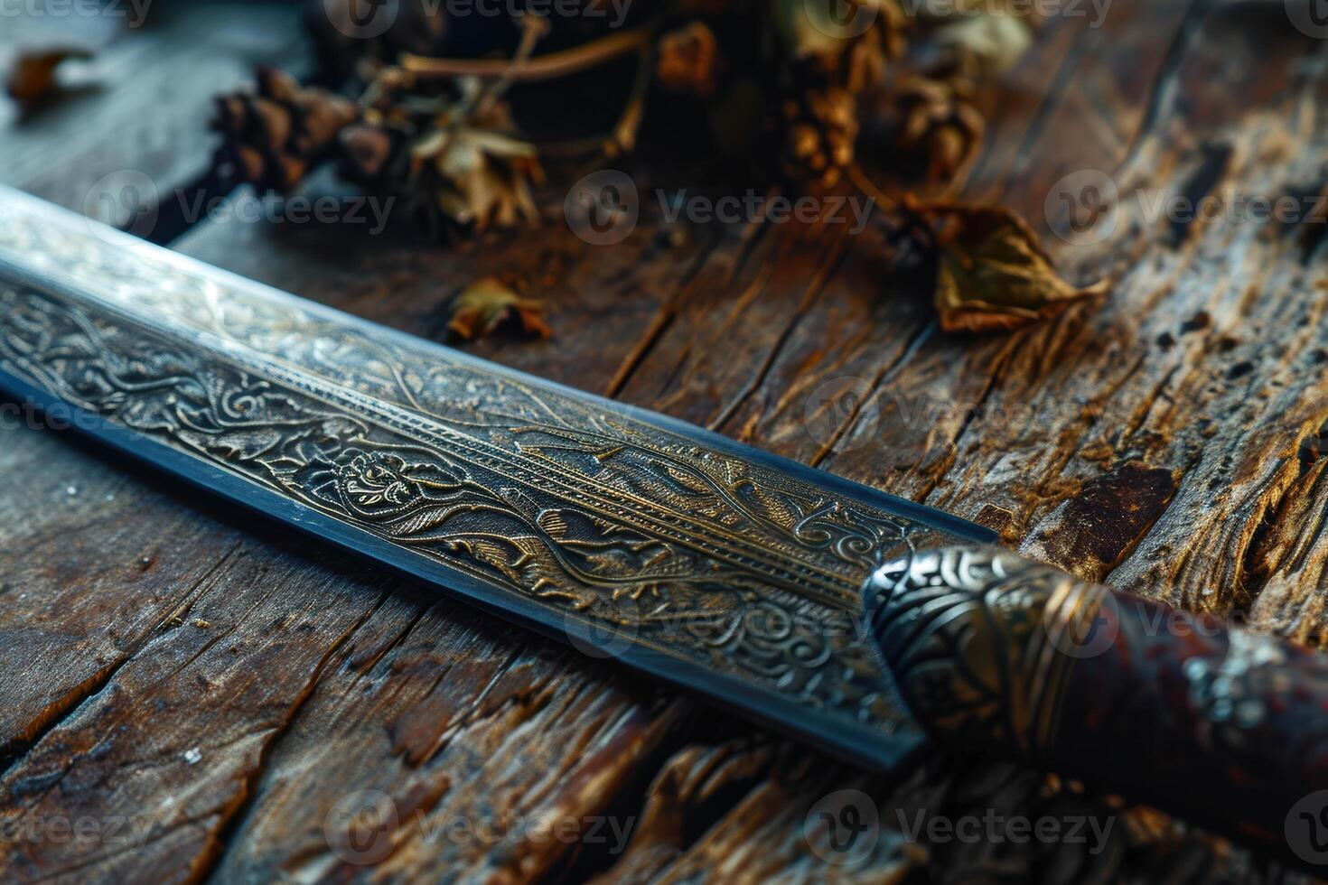 Ornate Dagger on Weathered Wood photo