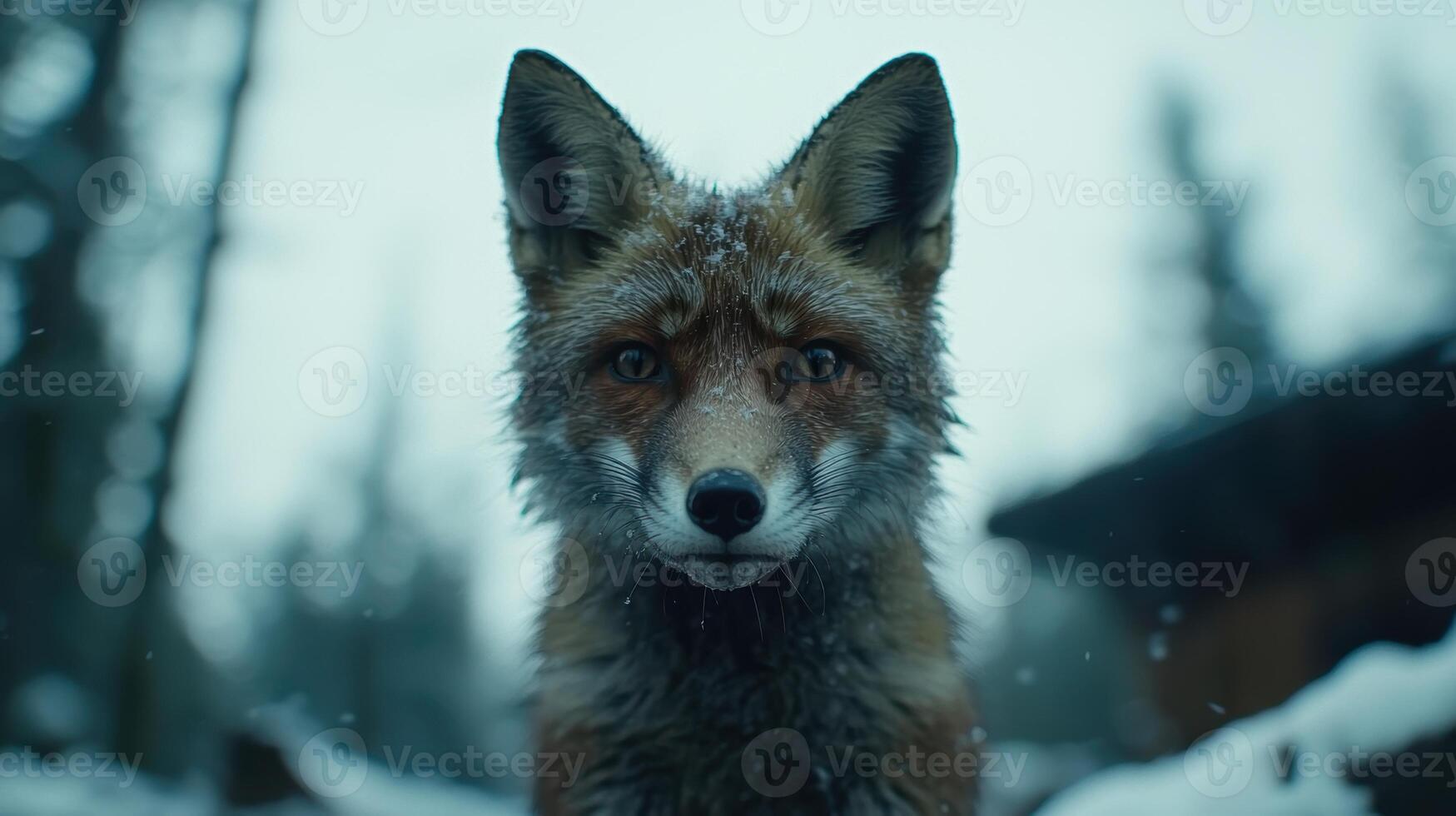 Captivating close up of a fox in a snowy forest photo