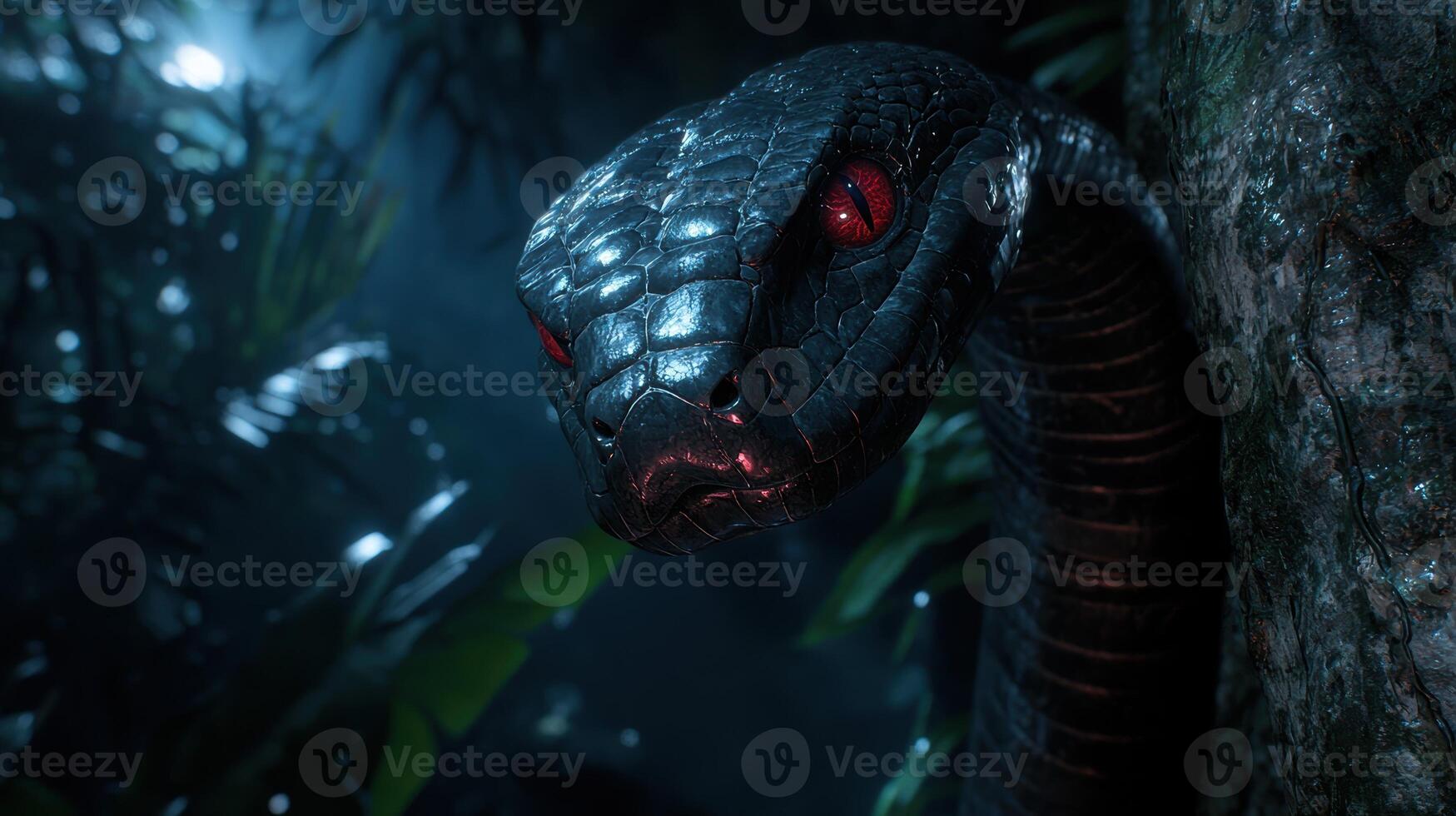 Menacing black snake with glowing red eyes in dark forest photo