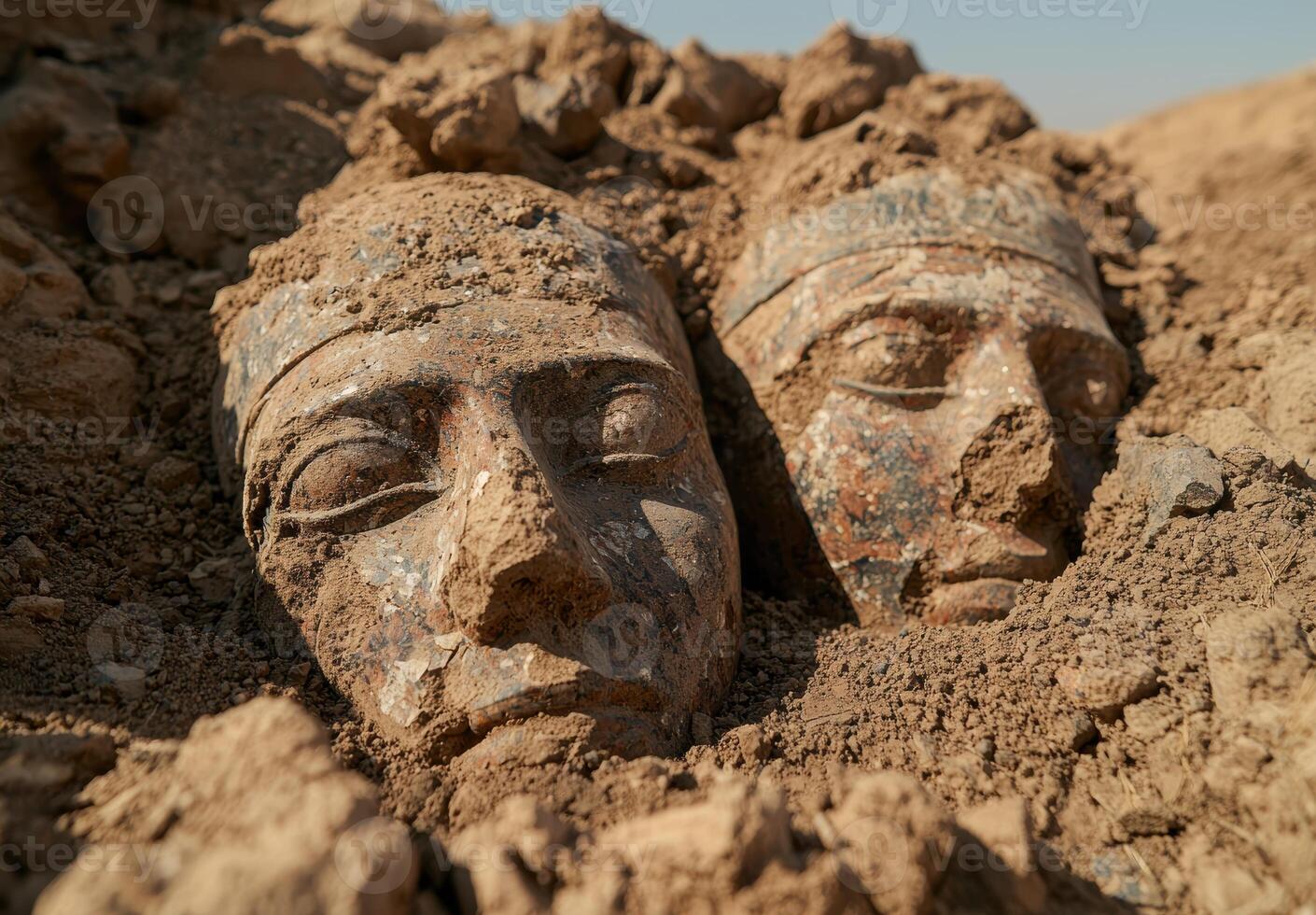 ancient stone heads buried in desert sand photo