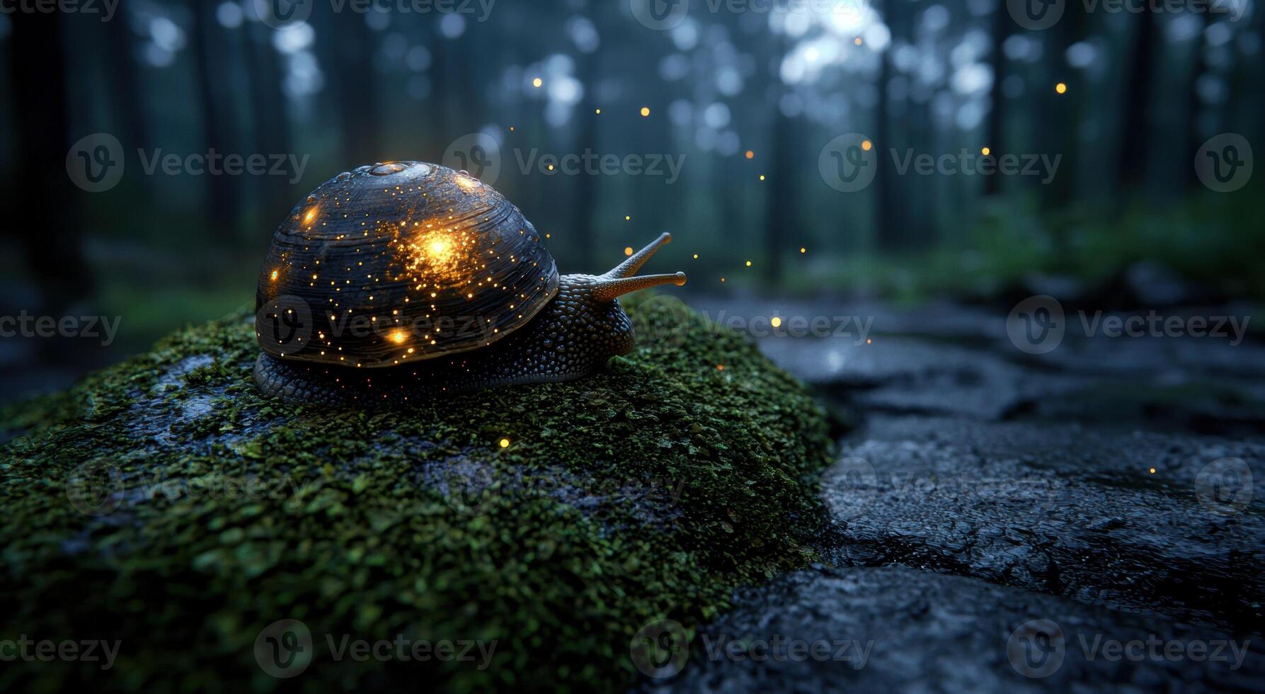Glowing snail on moss covered rock in enchanted forest photo