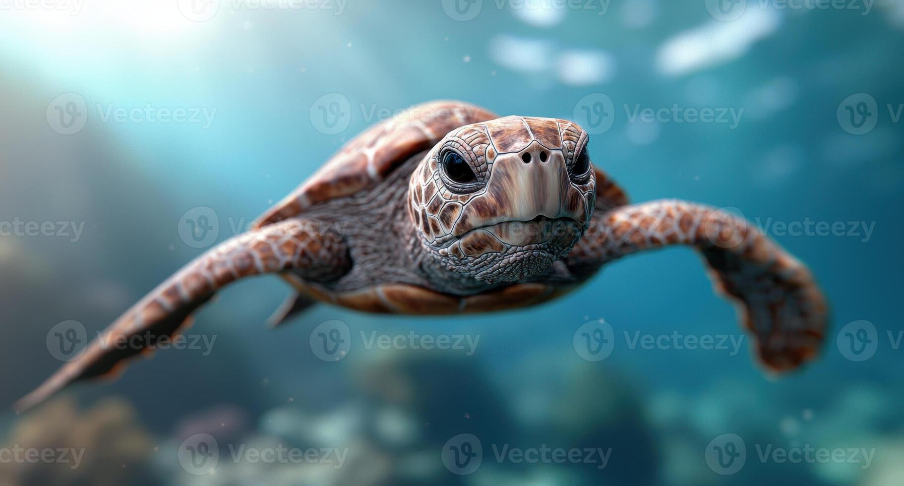 Closeup of a curious sea turtle swimming in the ocean photo