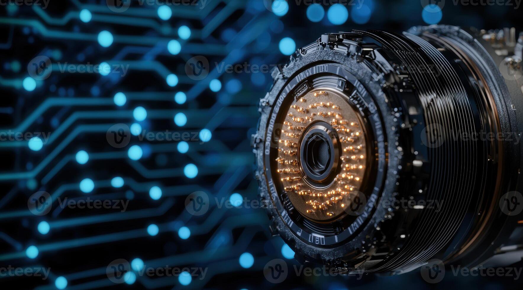 Futuristic camera lens with circuit board background photo