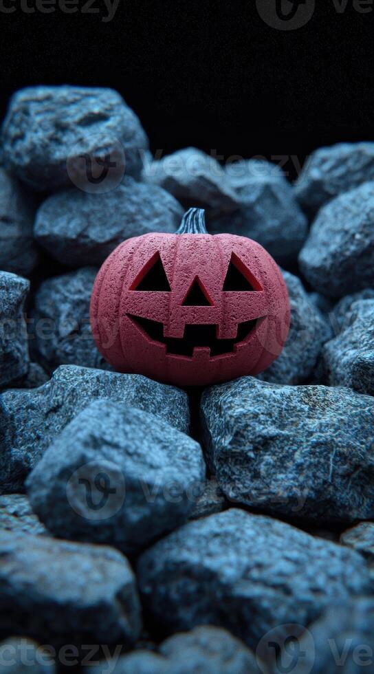 Spooky Halloween pumpkin on dark rocks photo