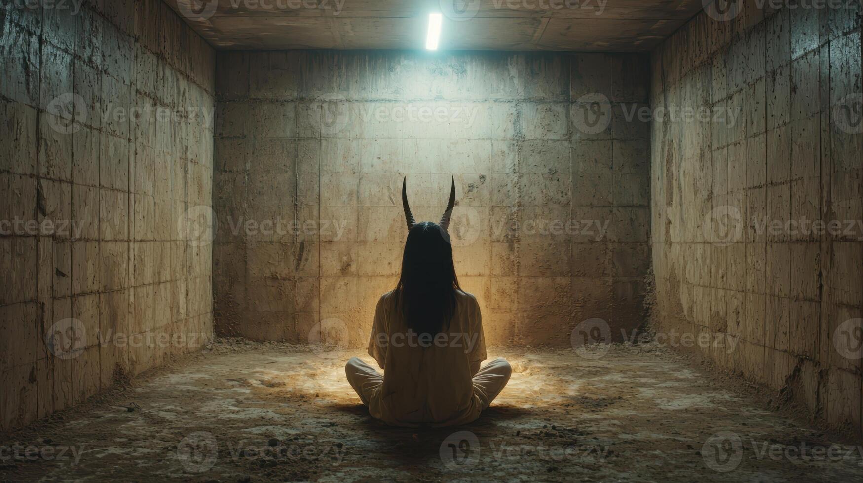 Mysterious figure in dark room with horns photo