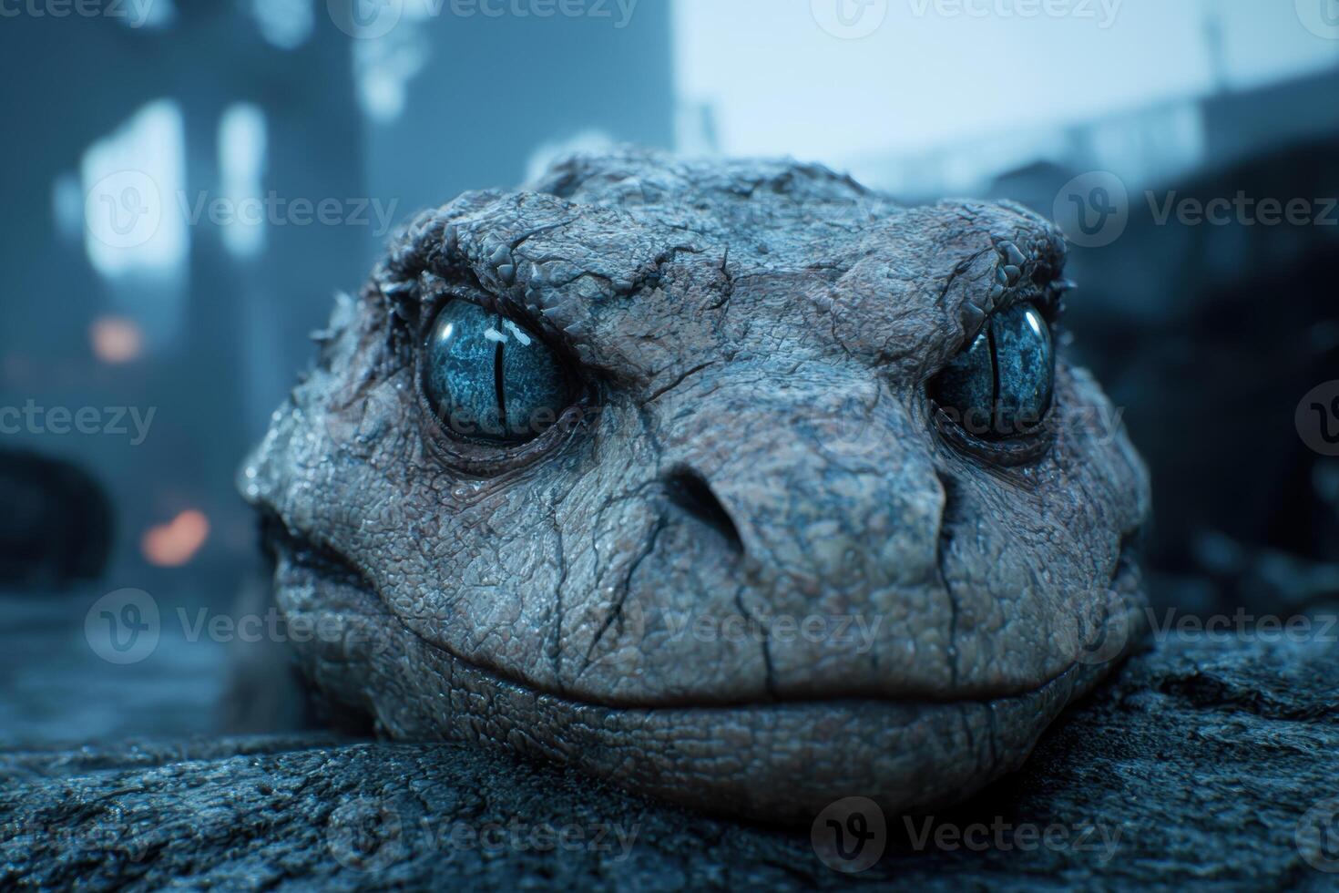 Close up of a reptilian creature with piercing blue eyes photo