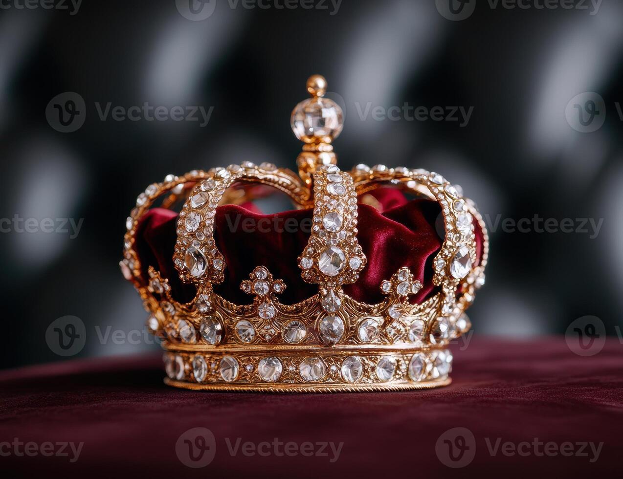 Ornate golden crown with red velvet and sparkling jewels photo