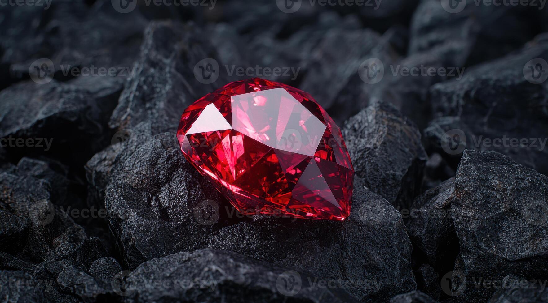 Vibrant ruby gemstone on dark rocks photo