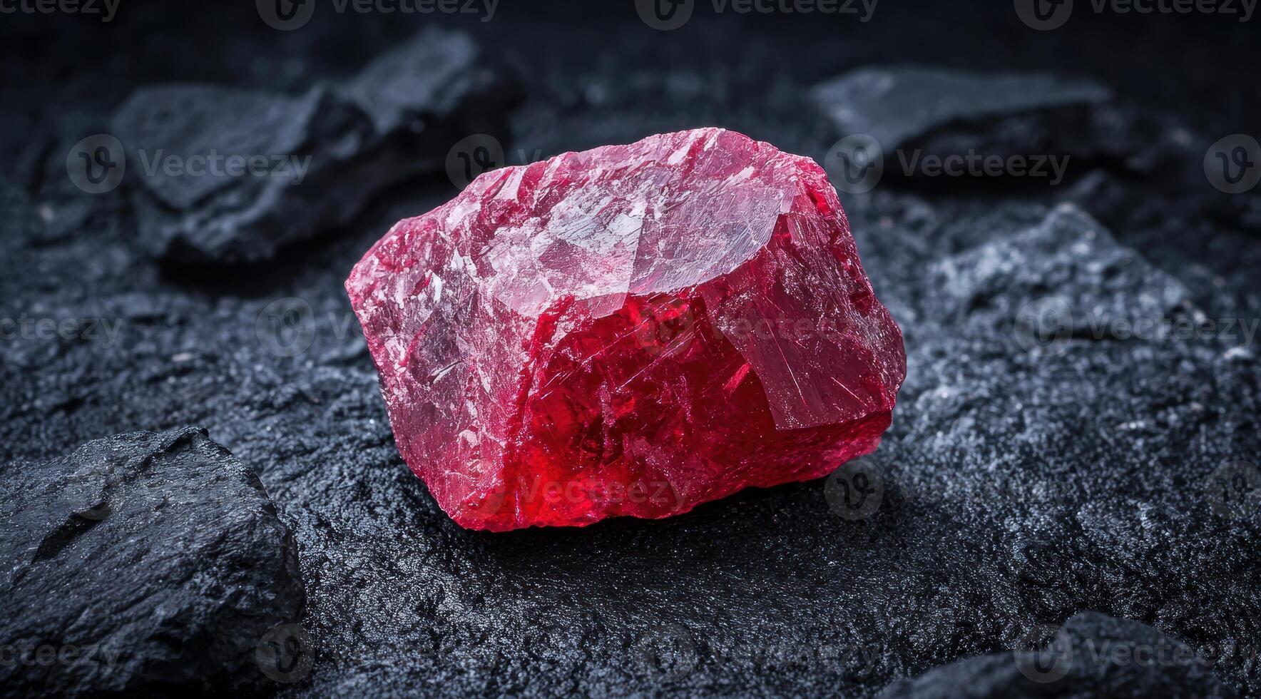 Vibrant red ruby crystal on dark rocks photo