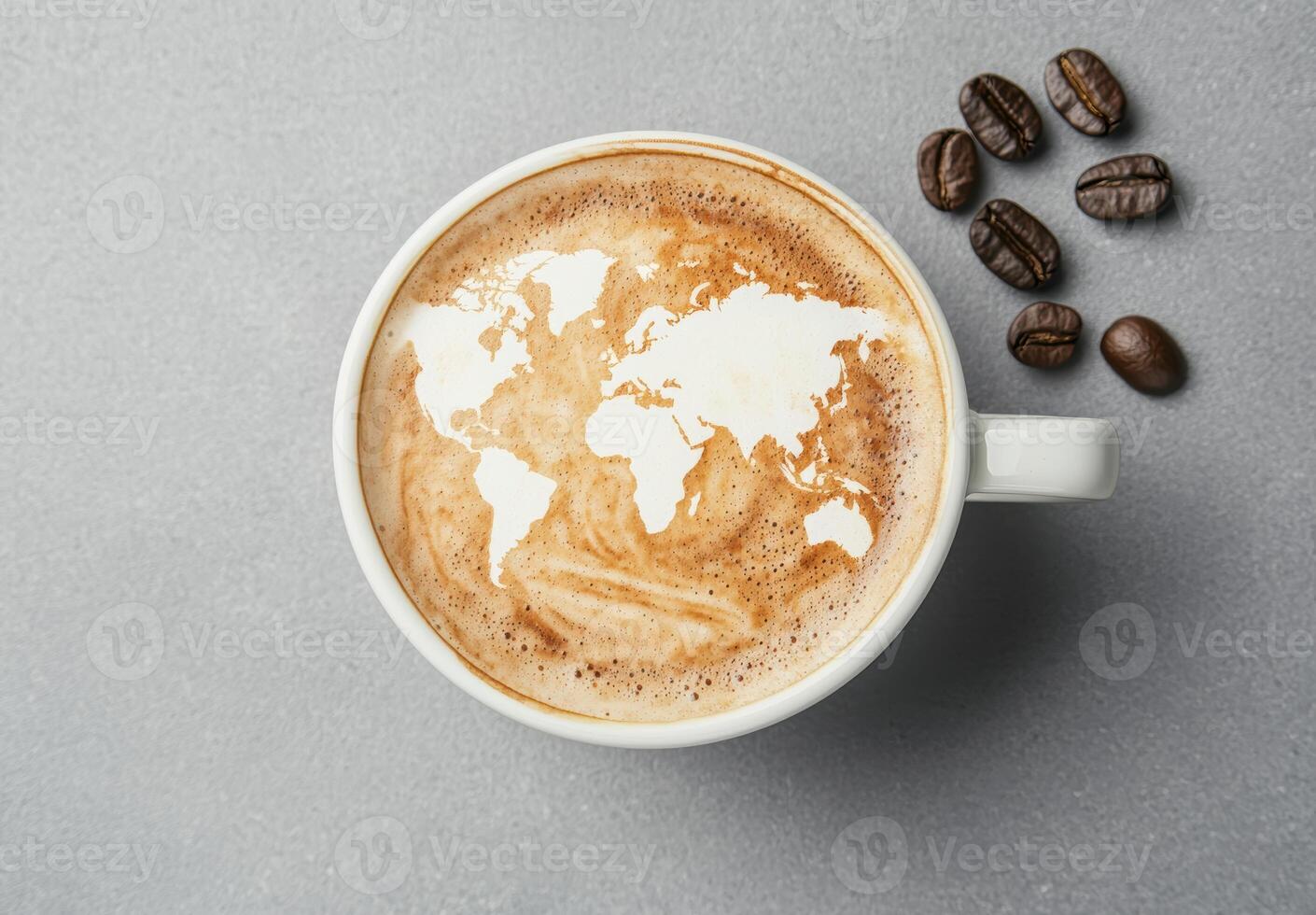 world map latte art with coffee beans photo