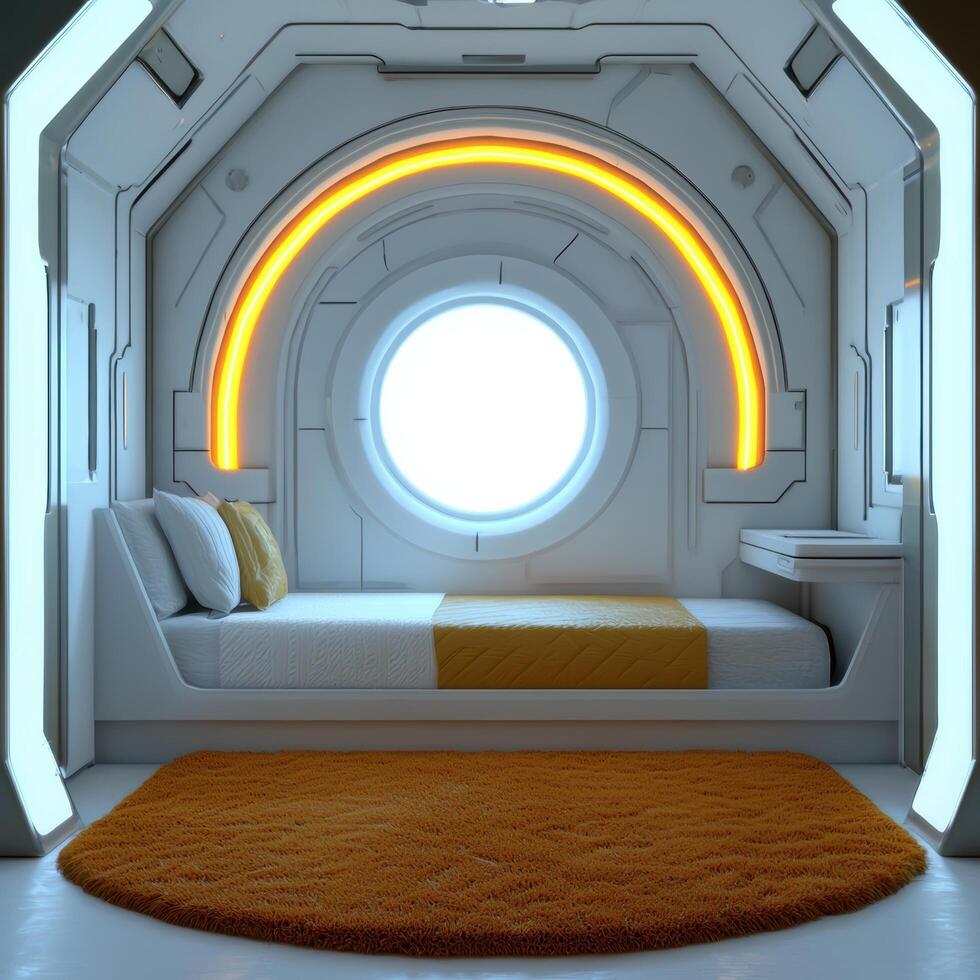 Futuristic spacecraft interior with glowing lights and cozy bed photo