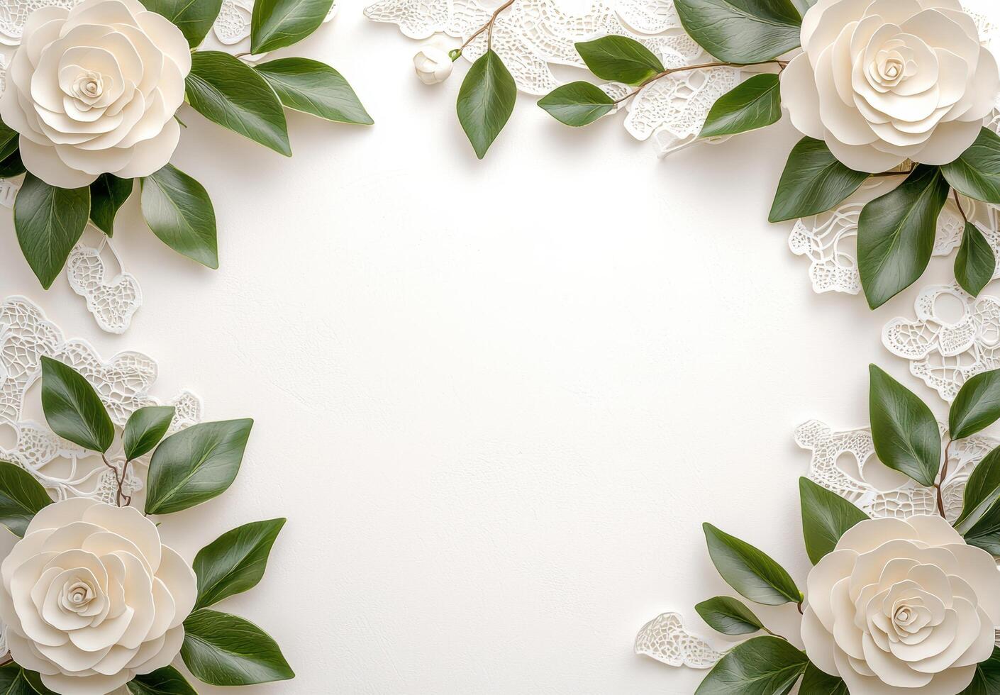elegant floral frame with white roses and leaves photo