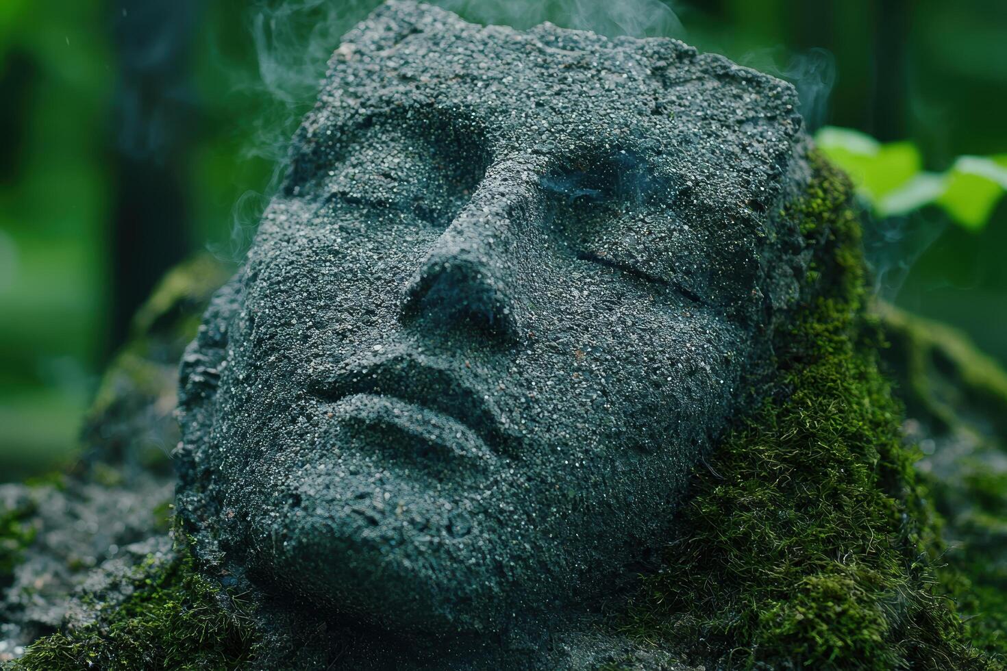 Weathered stone face in mossy forest photo