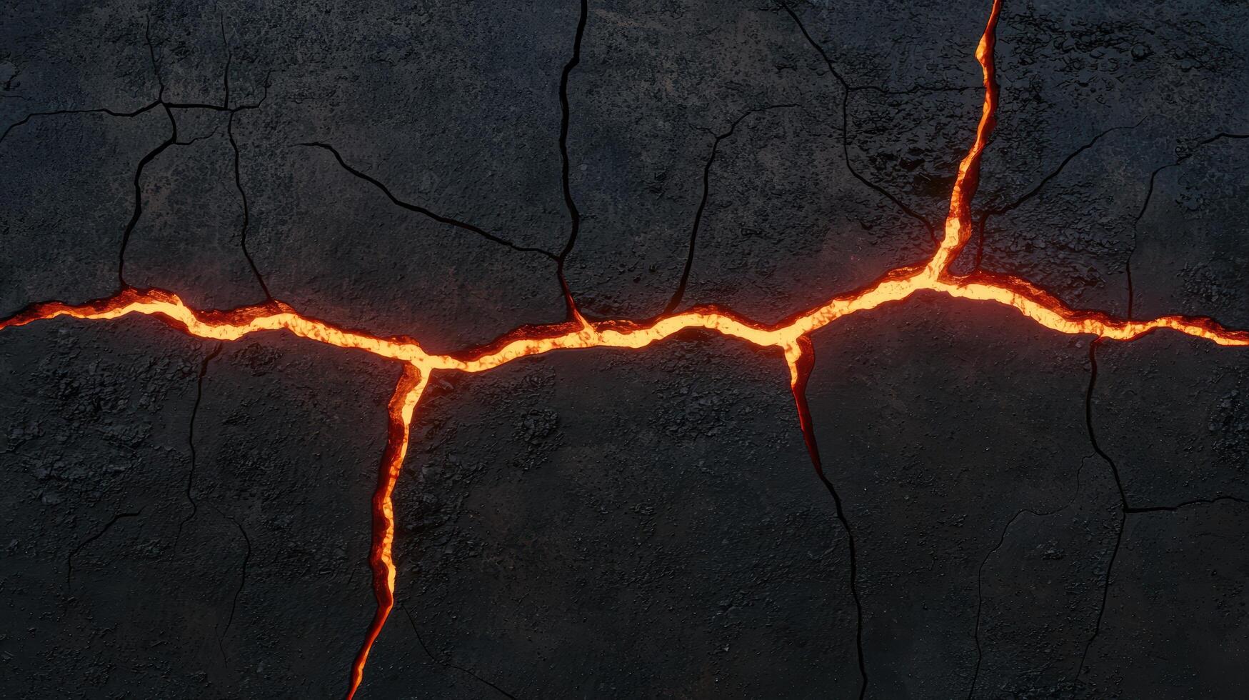 Glowing lava cracks in dark volcanic rock photo