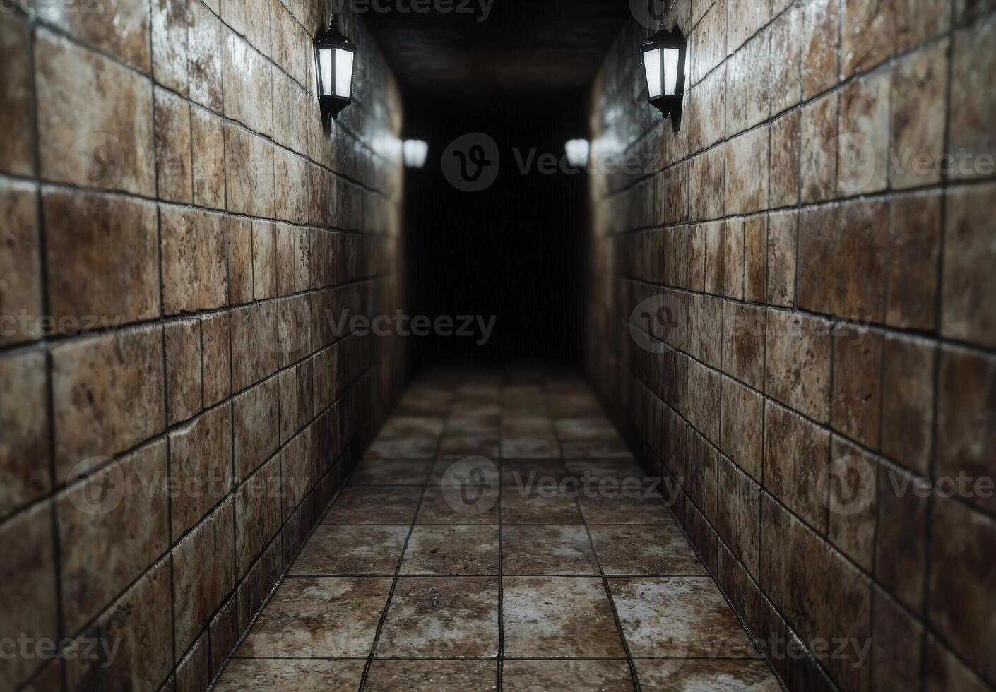 Mysterious dark hallway with stone walls and dim lighting photo