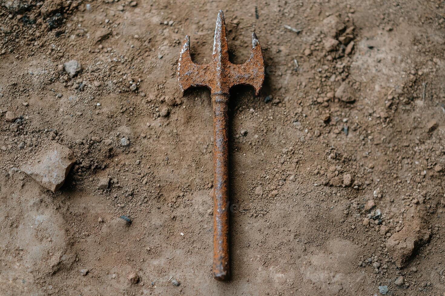 Rusty medieval style pitchfork on dirt ground photo