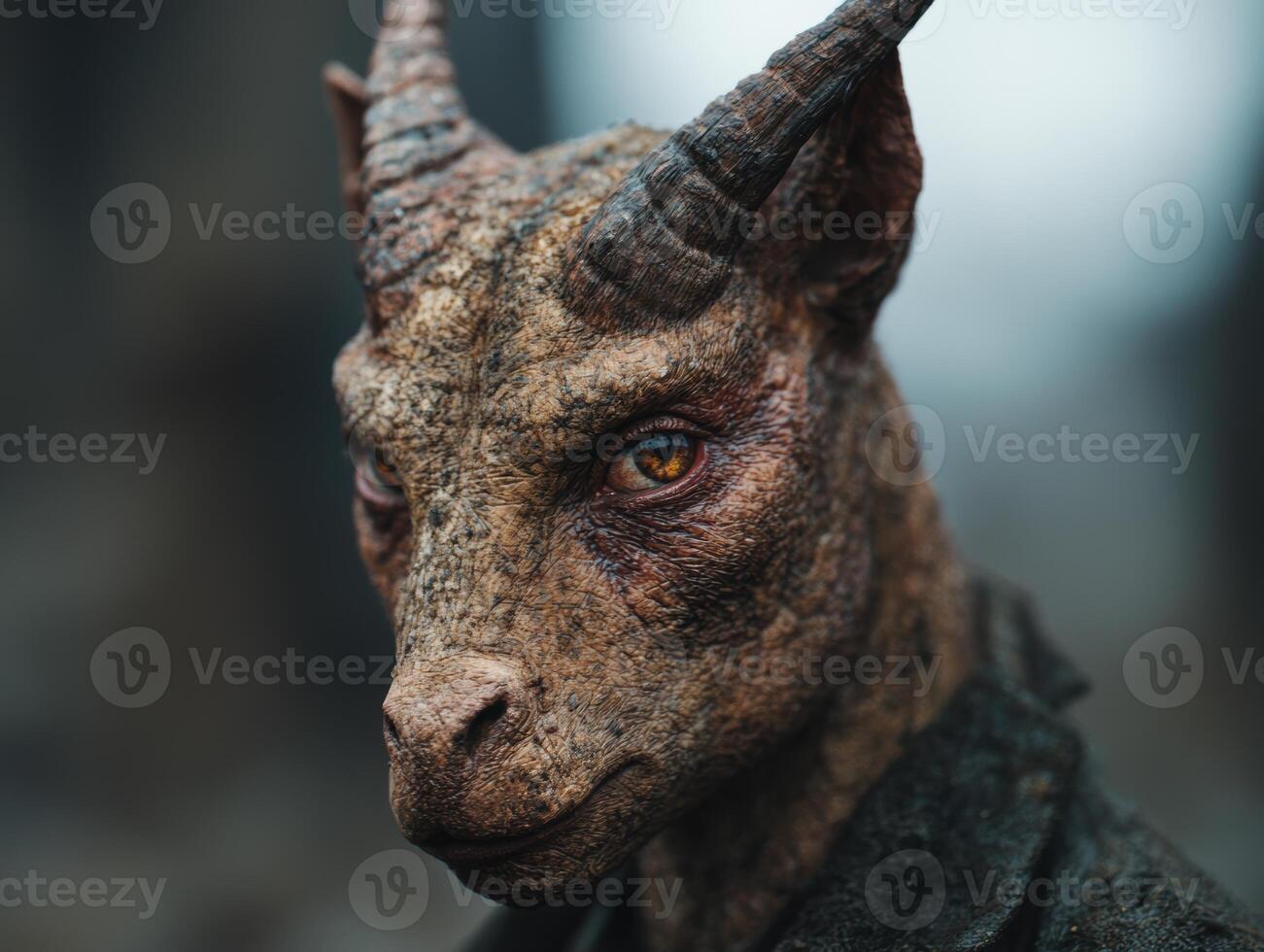 Close up of a scaly dragon like creature with piercing eyes photo