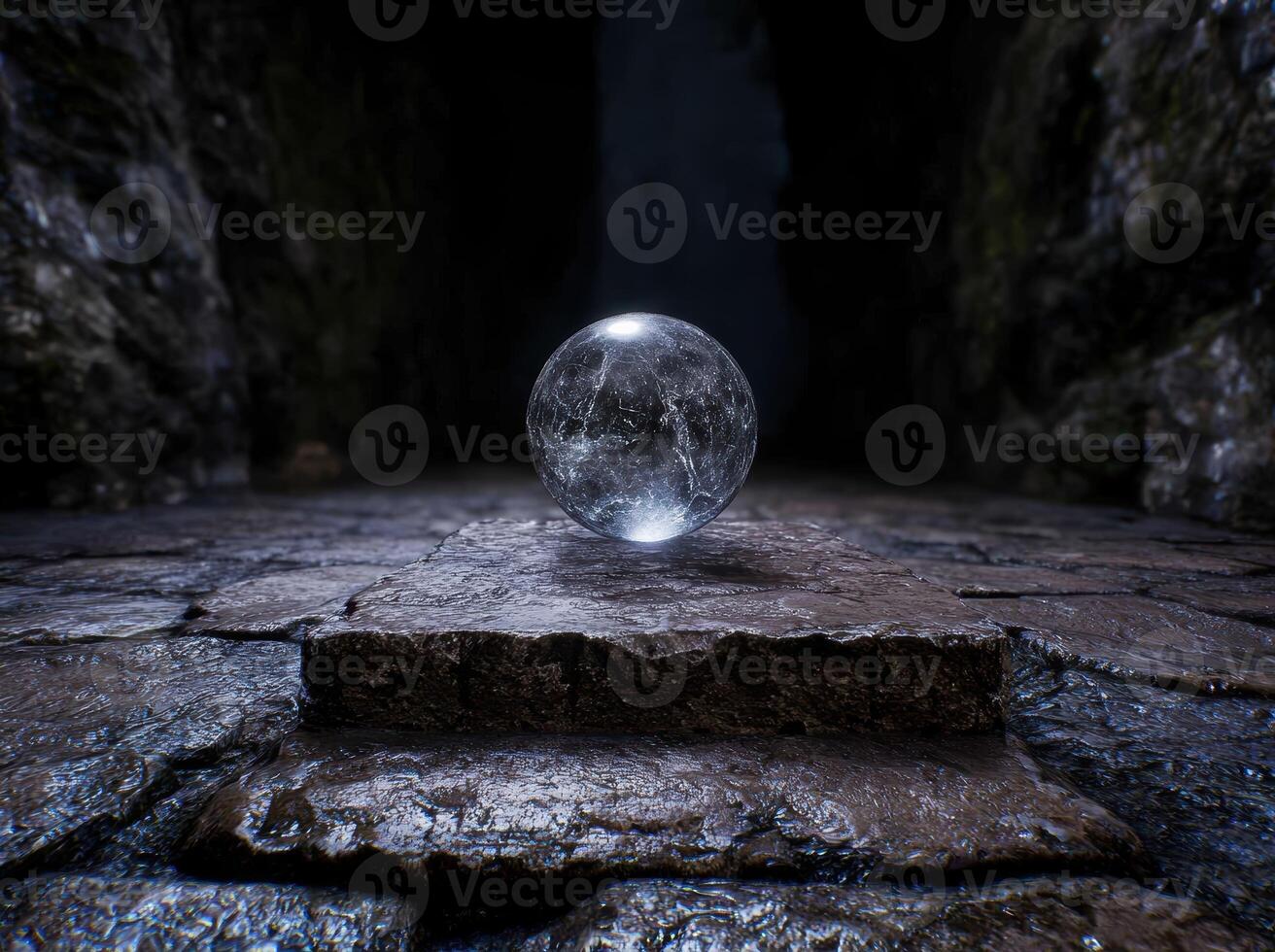 Magical crystal ball floating on water photo