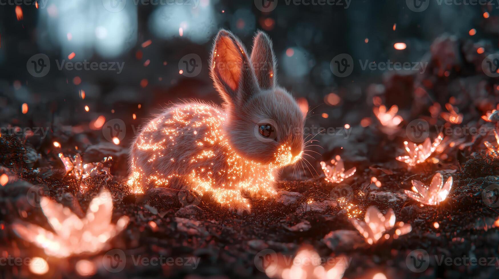 glowing rabbit in magical forest photo