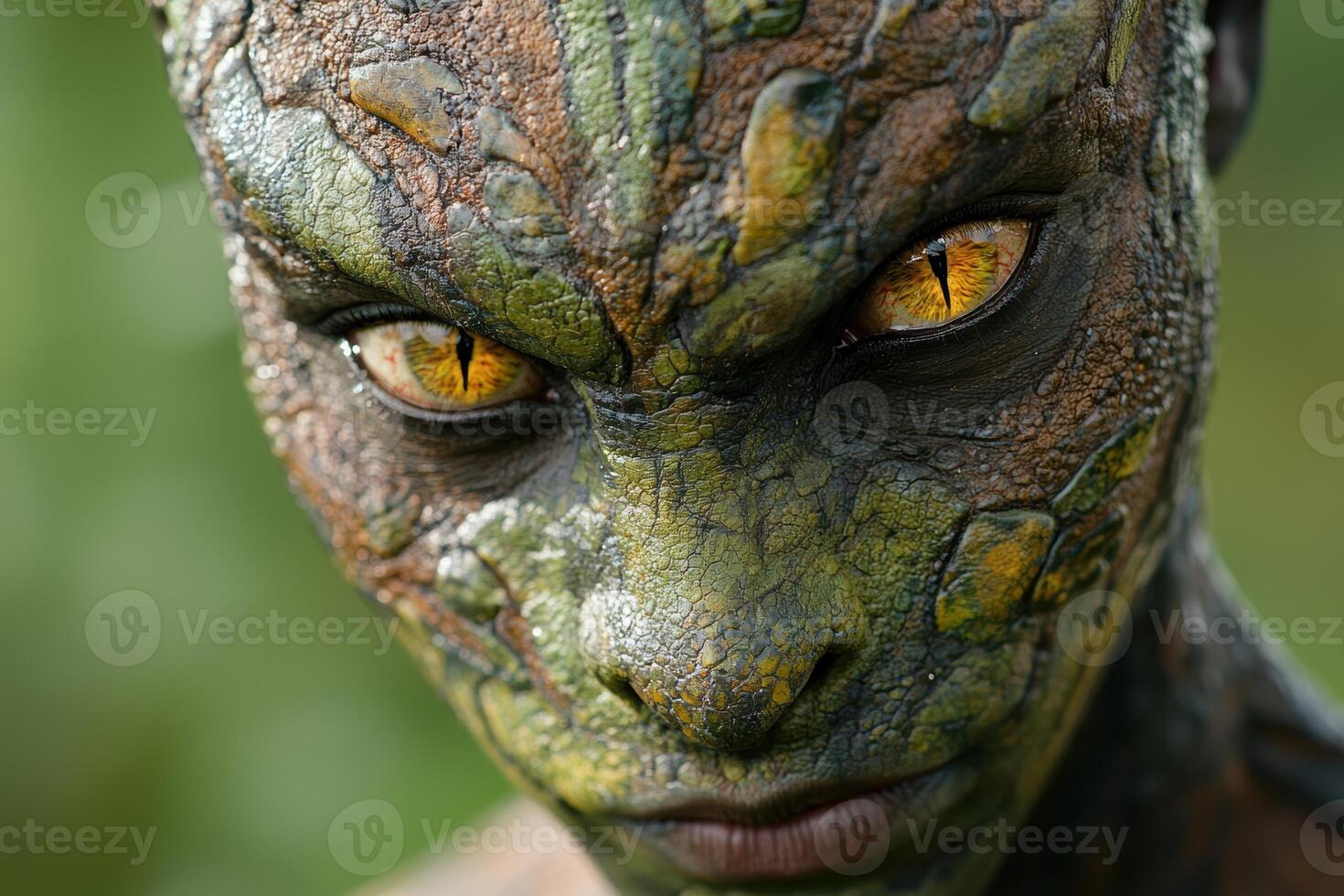 Close up of a mystical green creature with piercing yellow eyes photo