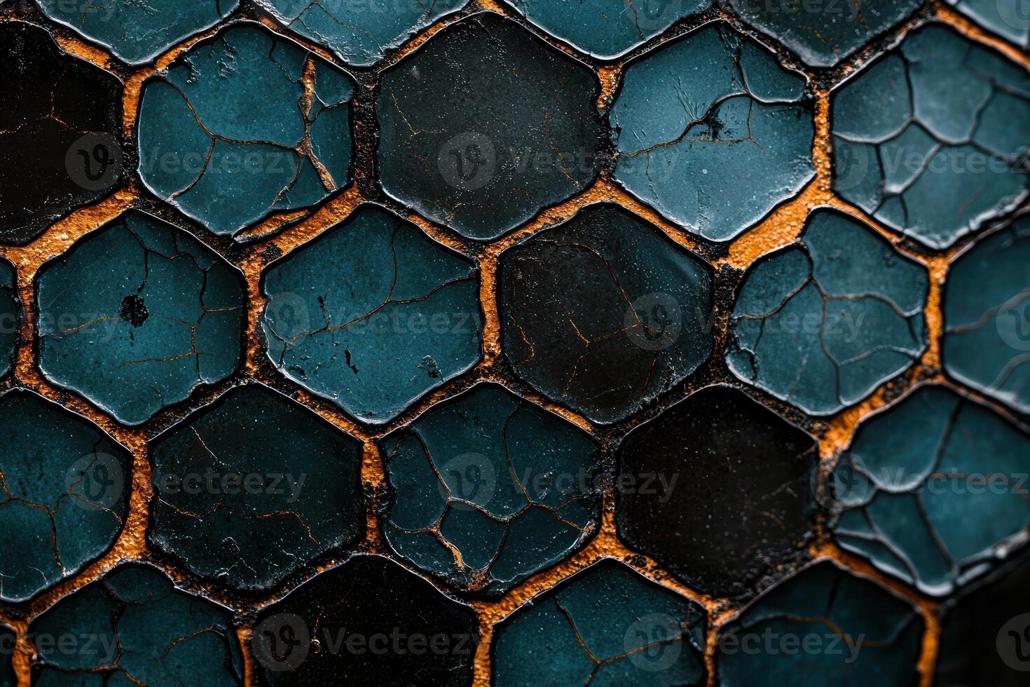 Cracked hexagonal pattern in dark teal and orange photo
