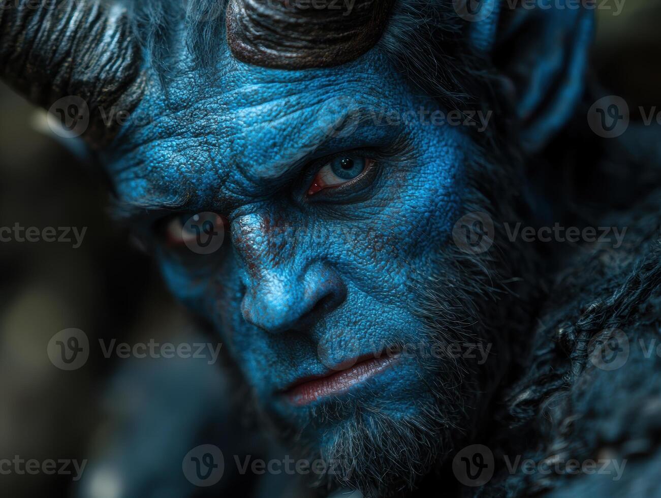 close up of a blue skinned creature with intense eyes photo