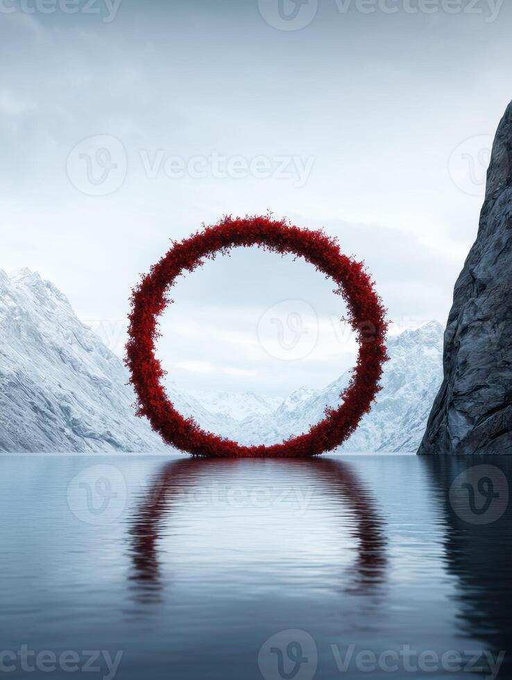 Surreal red floral arch over serene lake photo