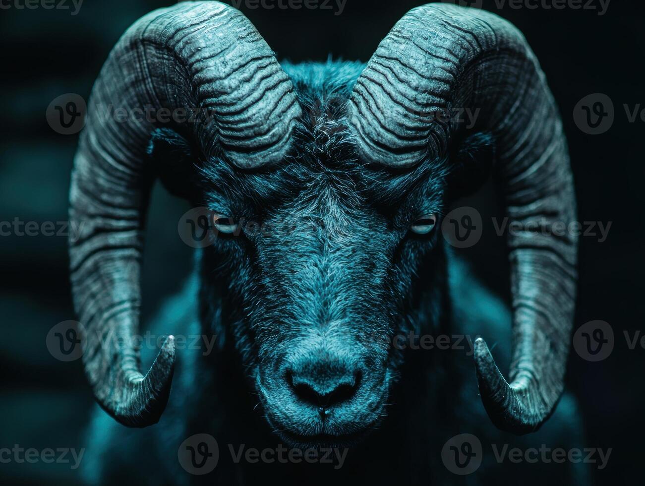 close up portrait of a majestic ram with large curled horns photo
