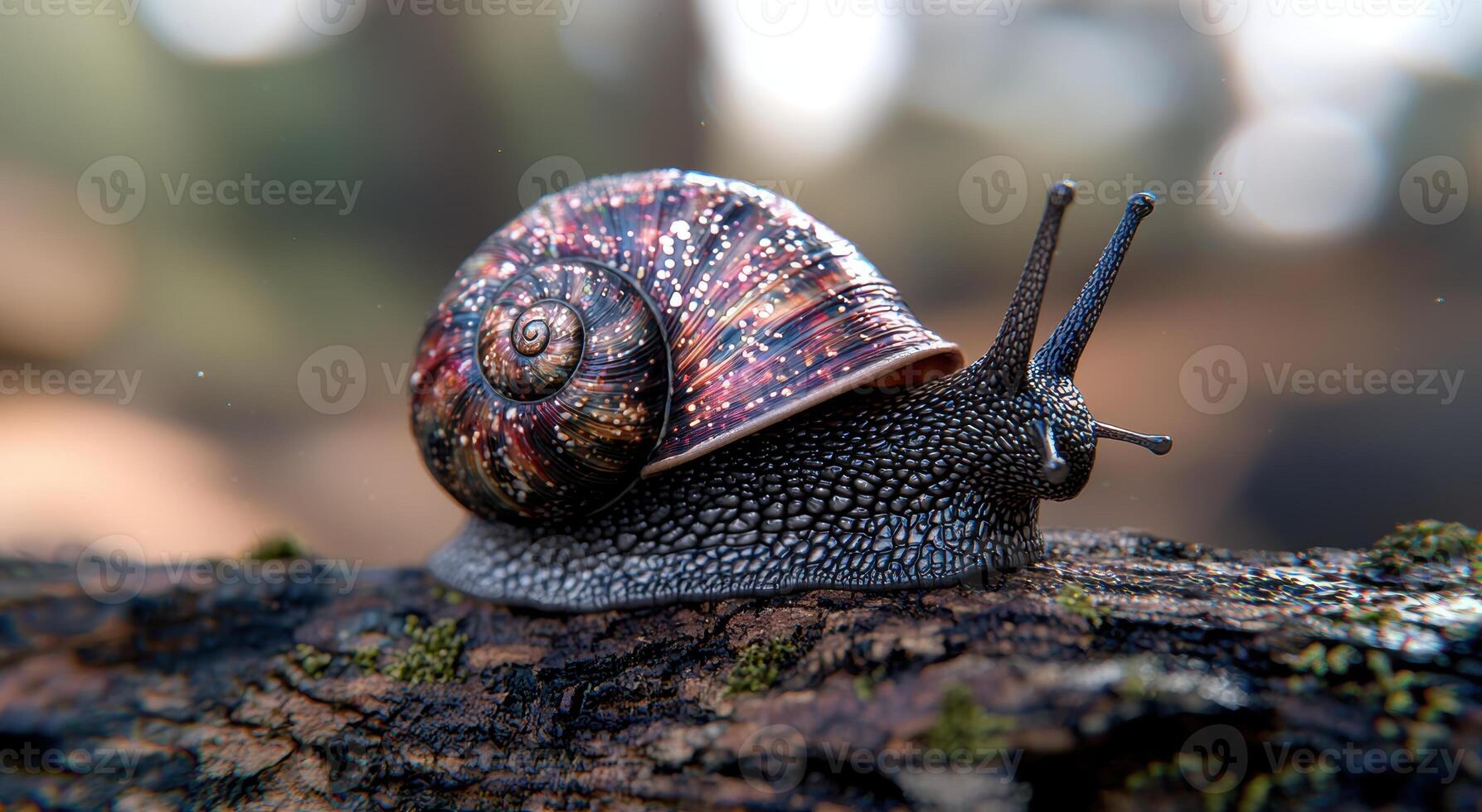 Colorful snail shell on mossy log photo