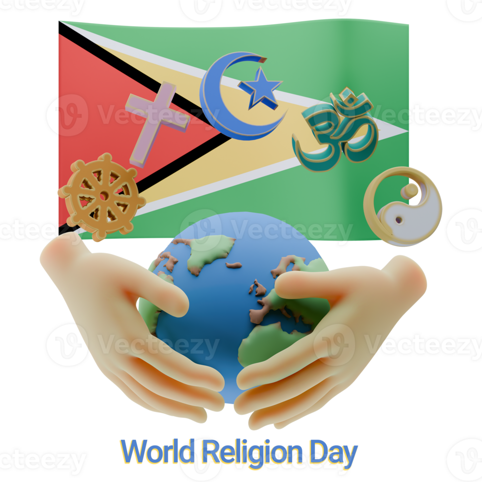 Shimmering 3D renders of World Religion Day Written in Guyana Languages png