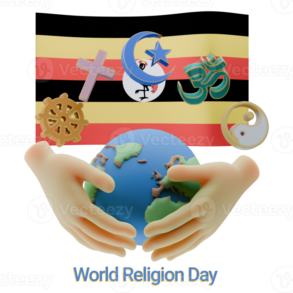 Flashy 3D renders of World Religion Day Written in Uganda Languages png