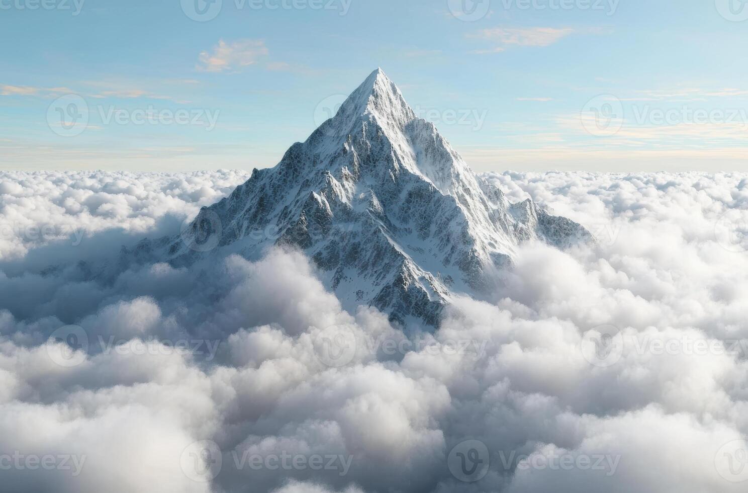 Majestic snow capped mountain peak rising above the clouds photo