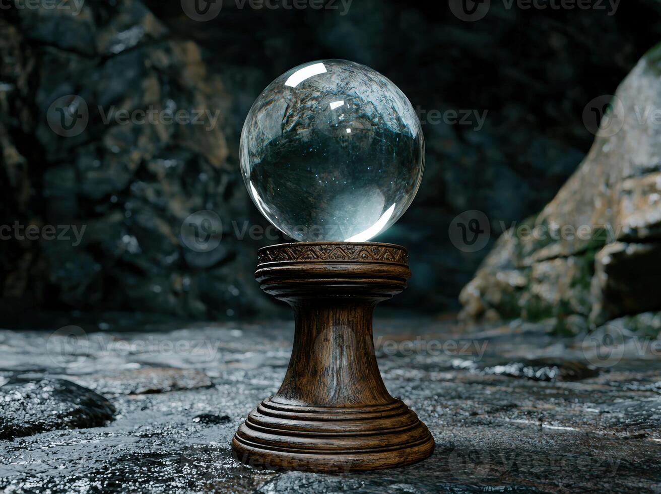 Mystical crystal ball on ornate wooden stand photo
