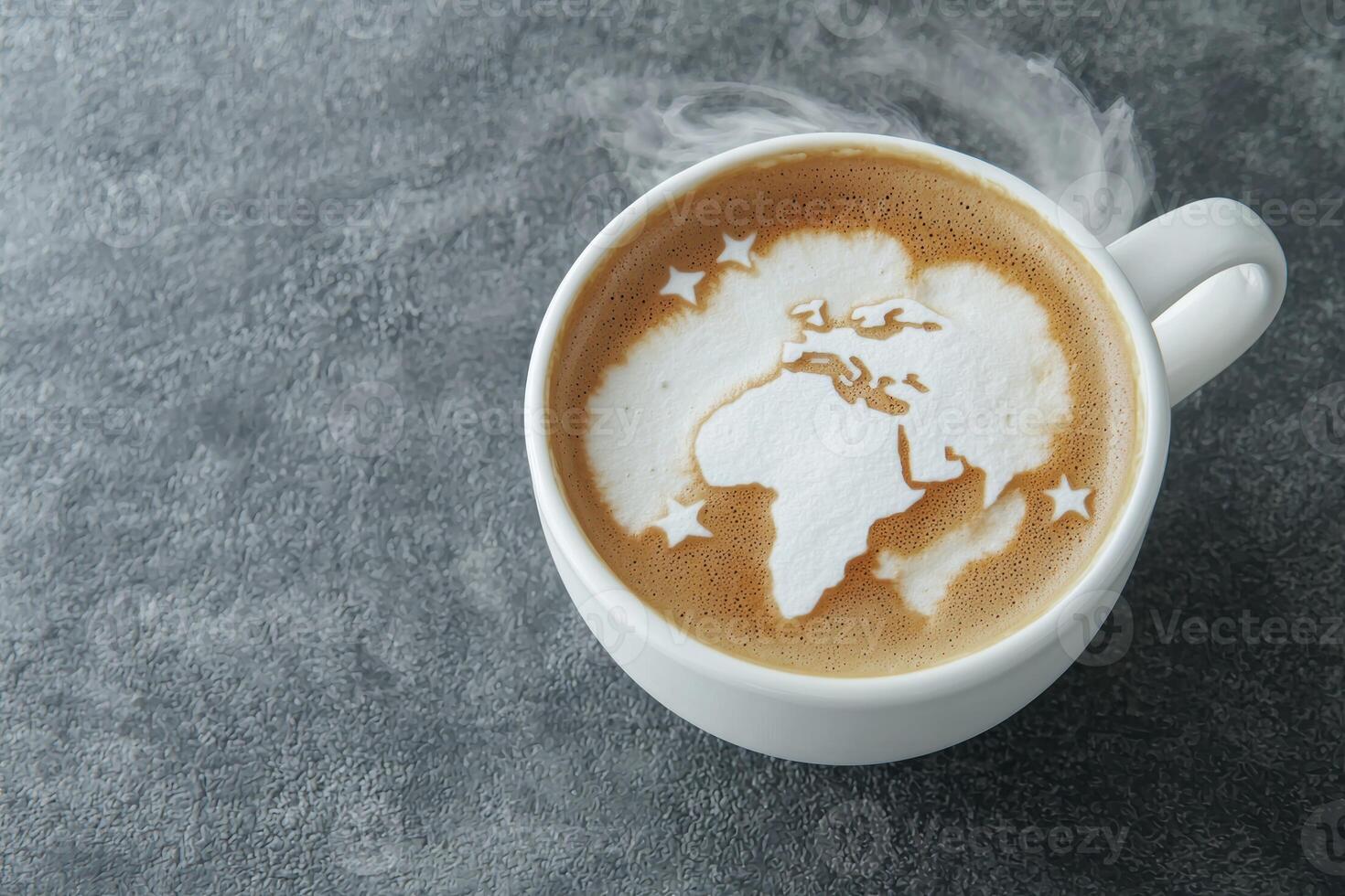 steaming hot coffee with world map latte art photo