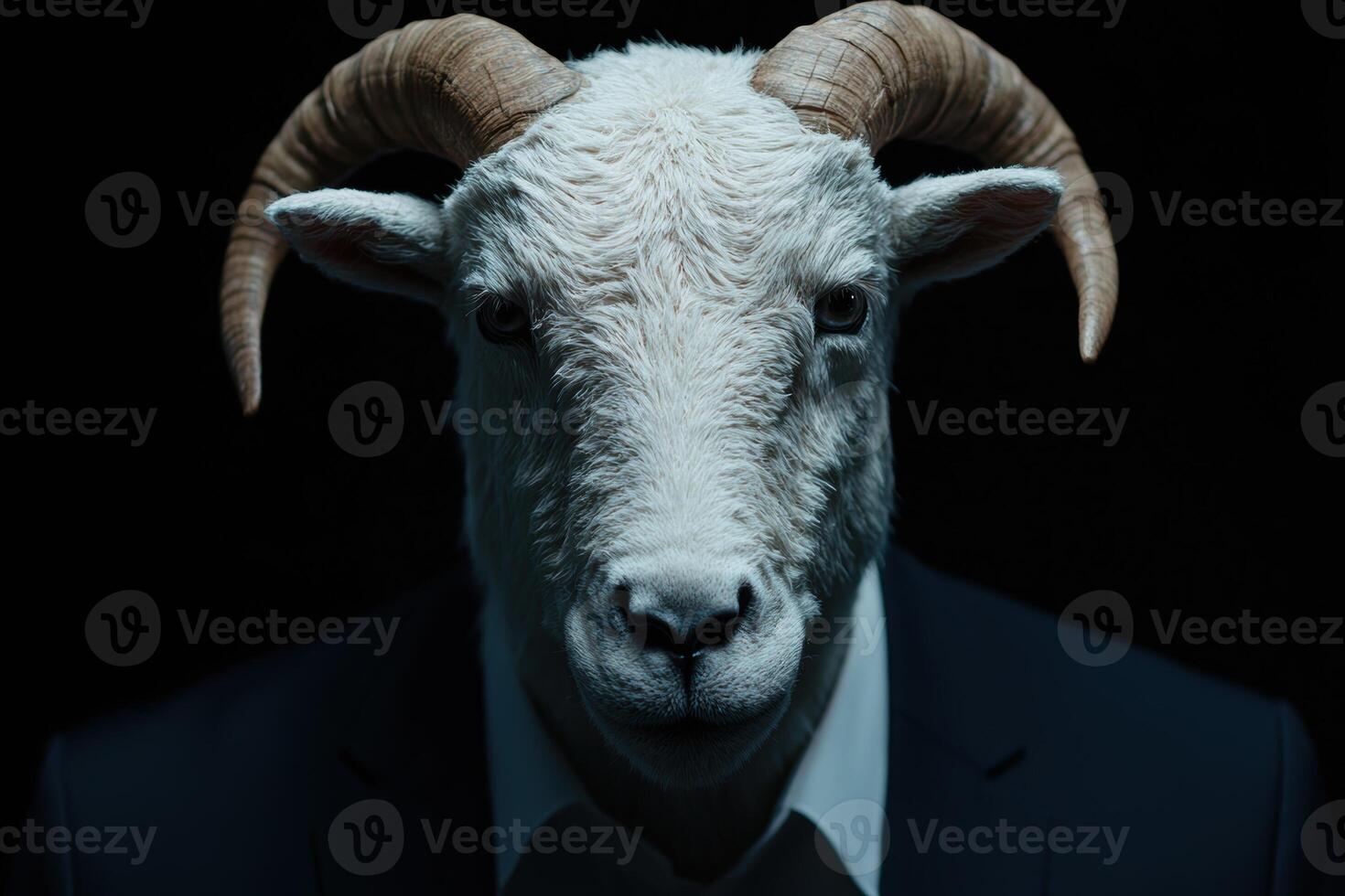 Serious ram with horns in dark suit photo