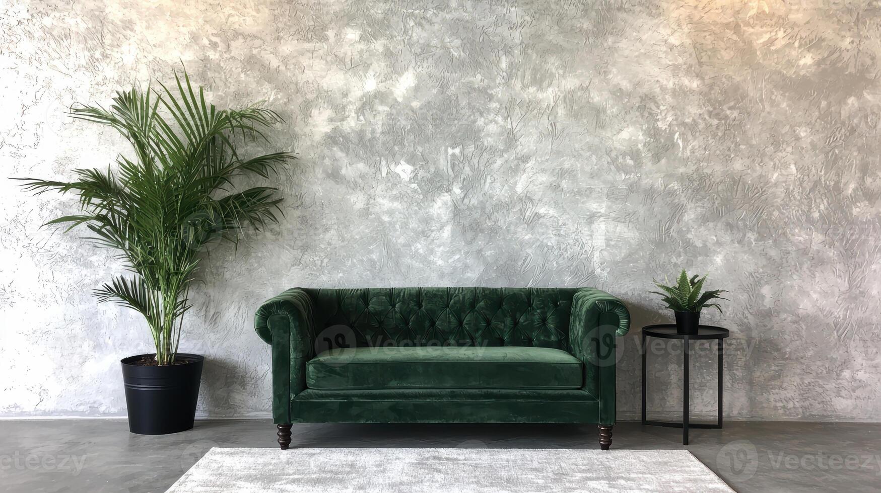 cozy green velvet sofa in modern living room photo
