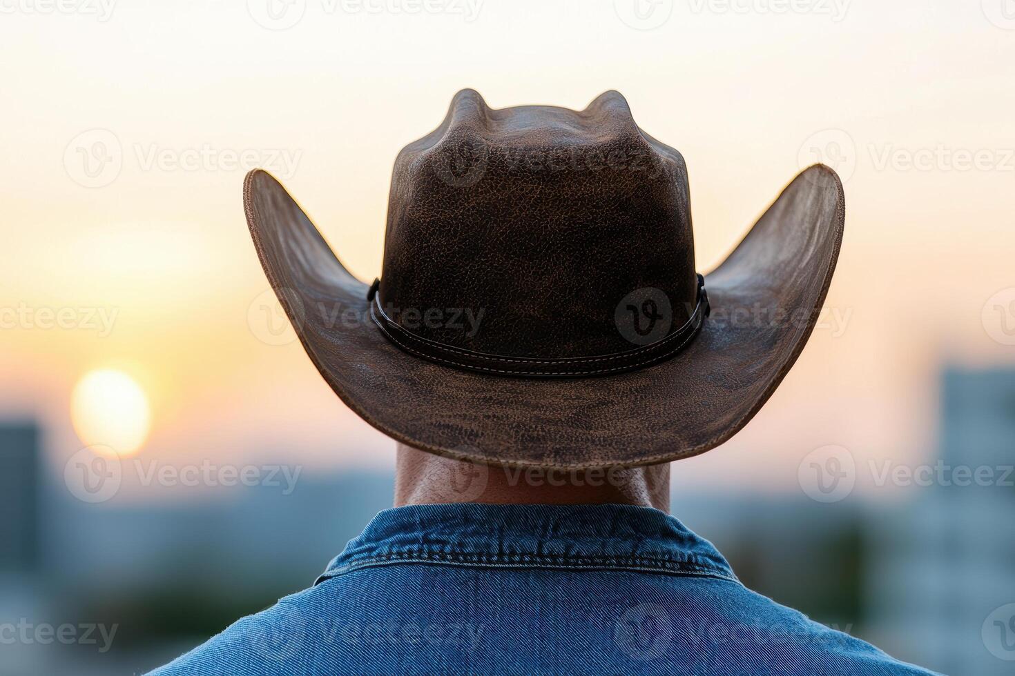 Cowboy hat against sunset backdrop photo