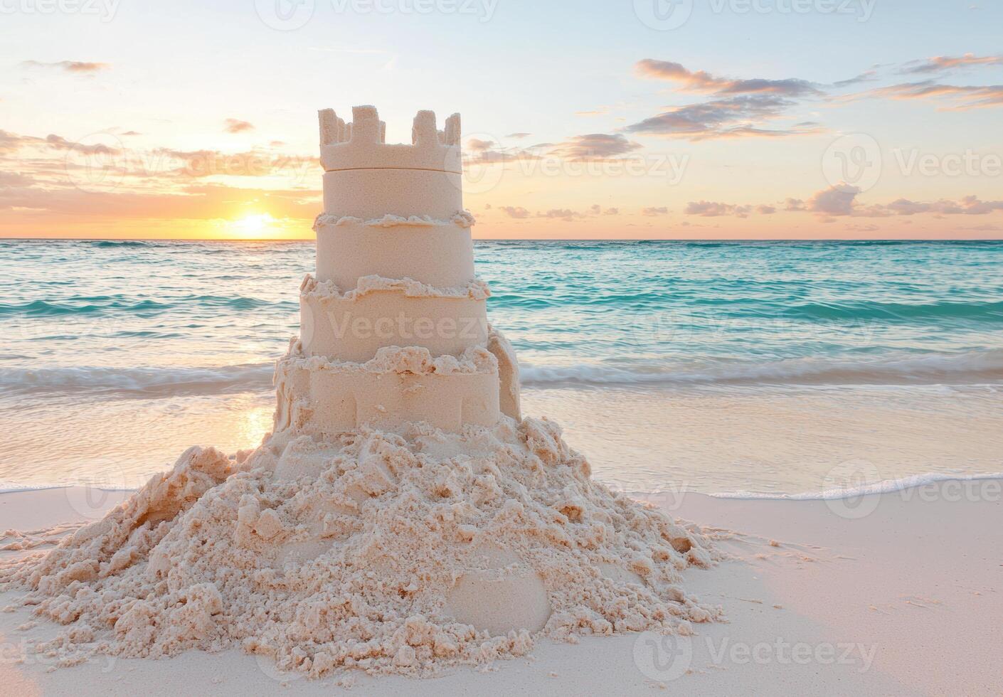 Sunset over a sand castle on the beach photo