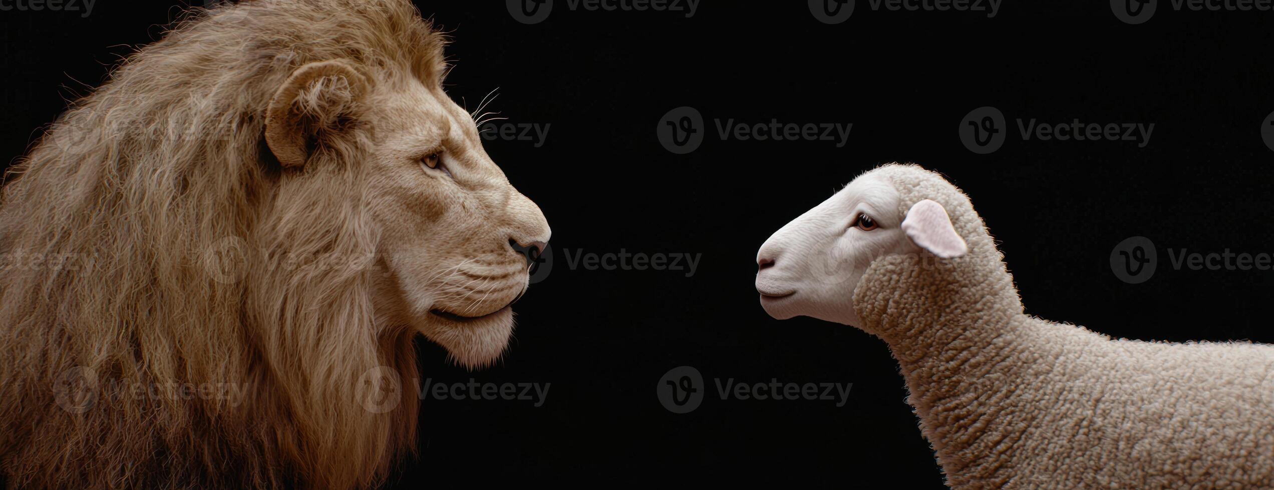 powerful lion and innocent lamb face to face photo