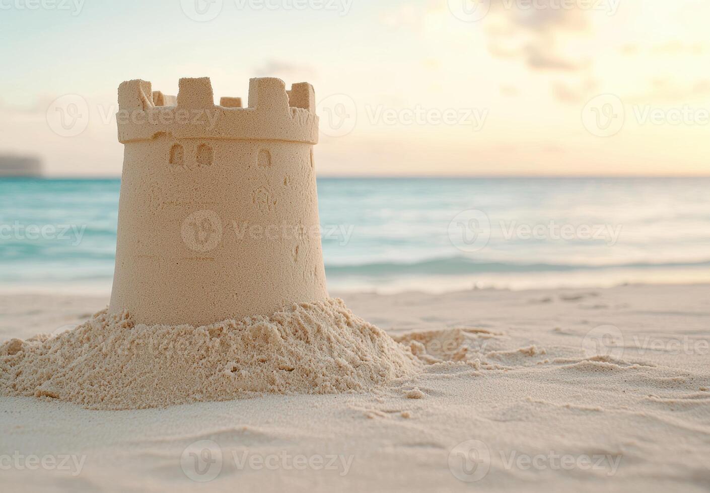 Sandcastle on beach at sunset photo