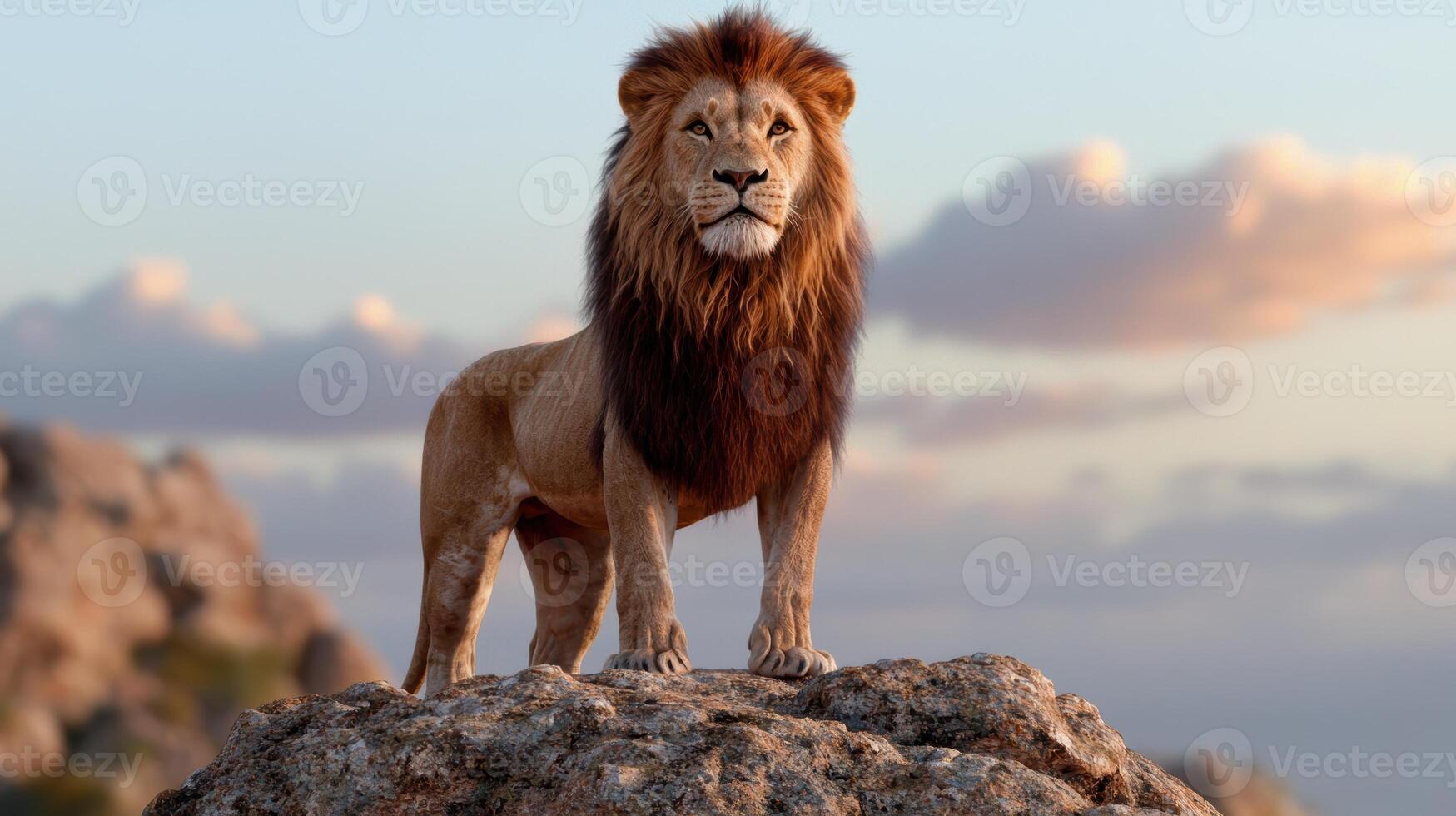 majestic lion standing on rocky outcrop at sunset photo
