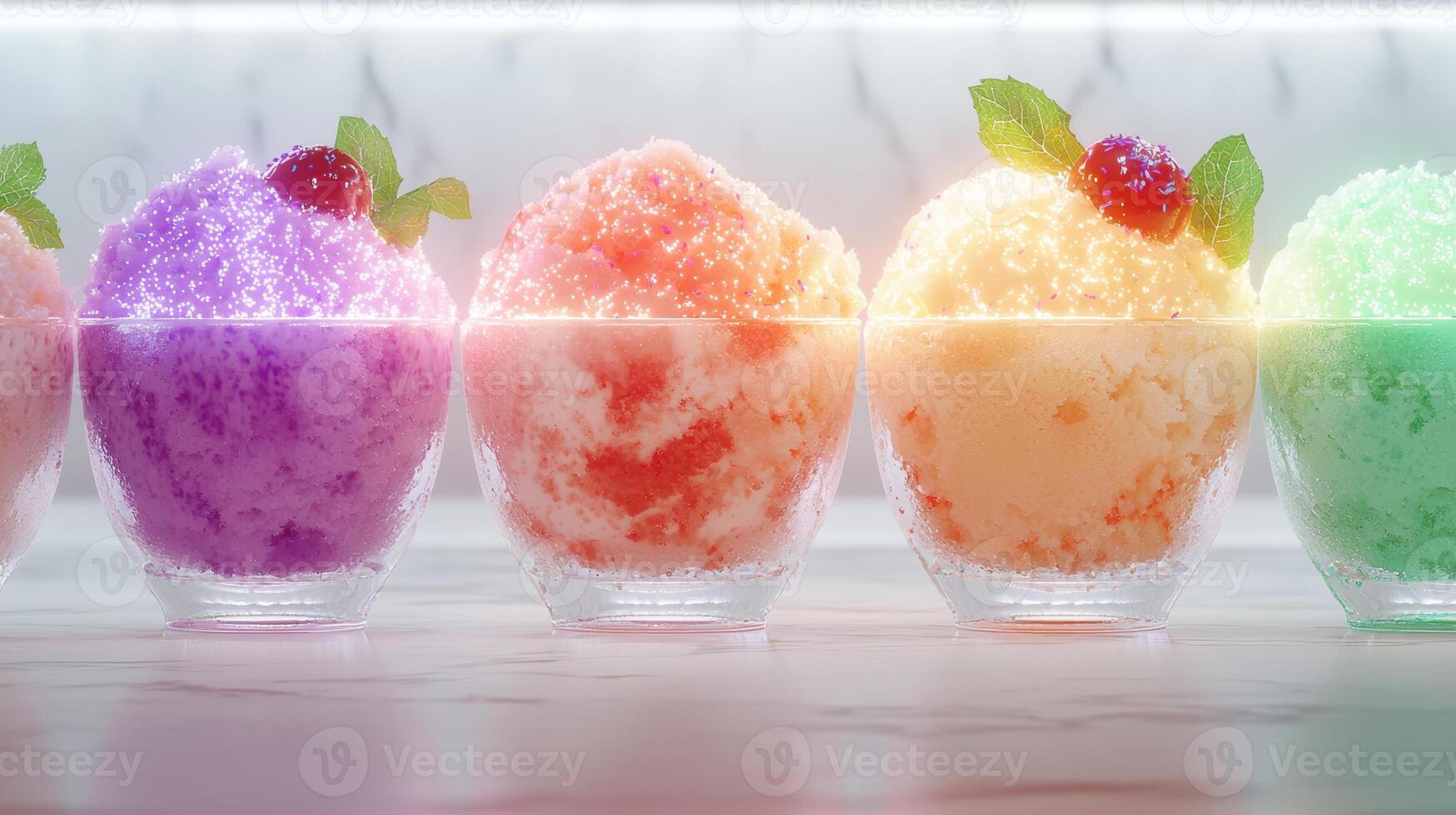 Colorful shaved ice desserts with fruit toppings photo