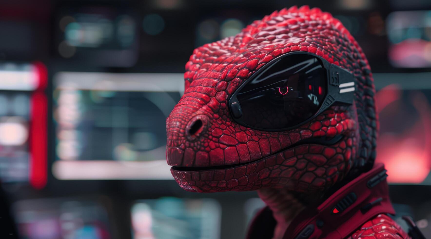 close up of a red reptilian superhero mask photo