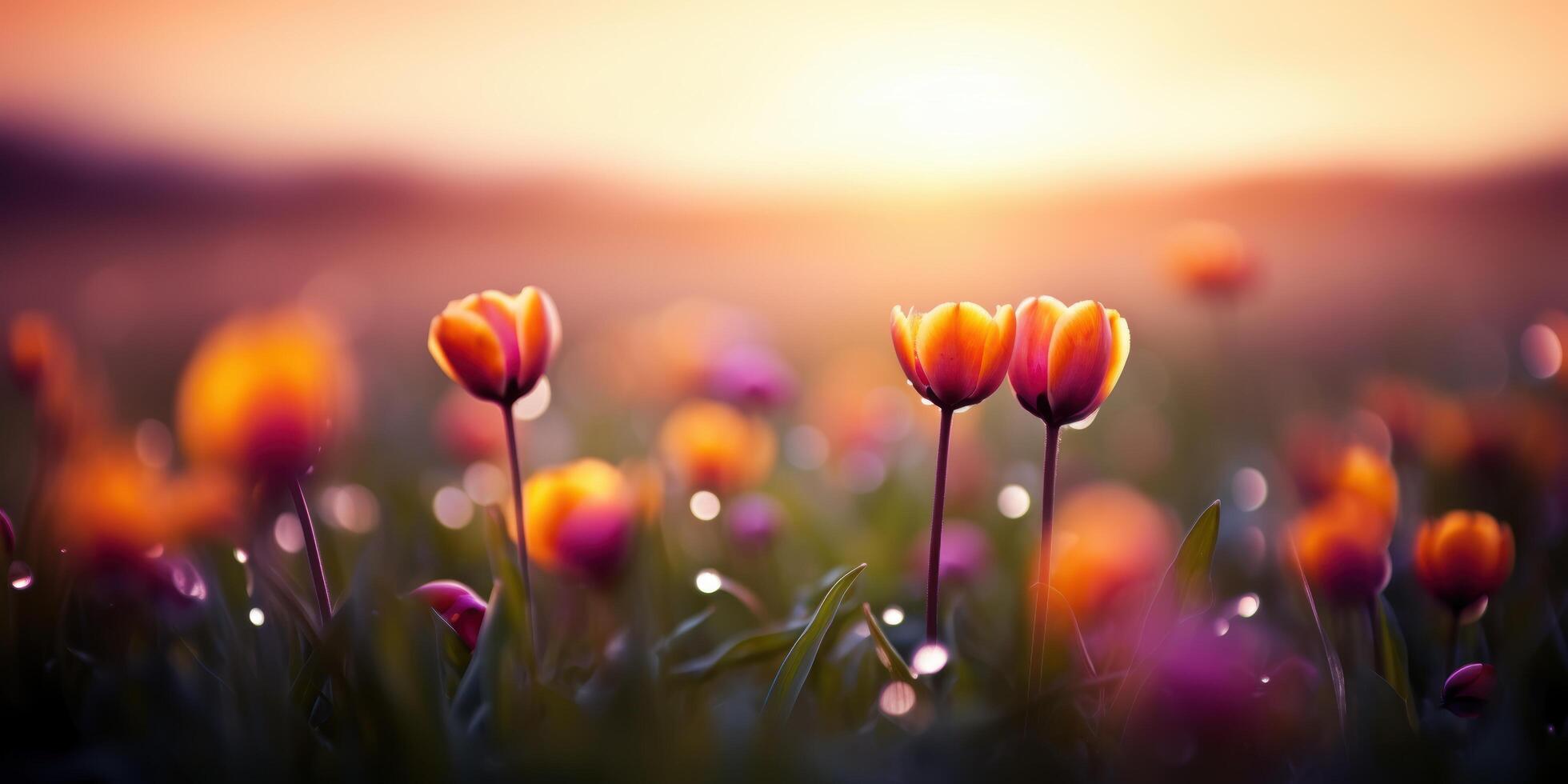 Vibrant tulips blooming at sunset photo