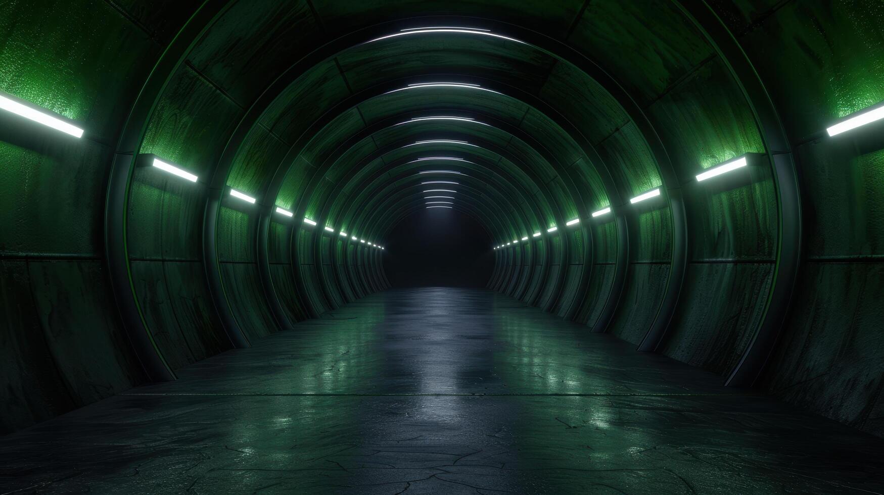 Futuristic sci fi tunnel with glowing green lights photo