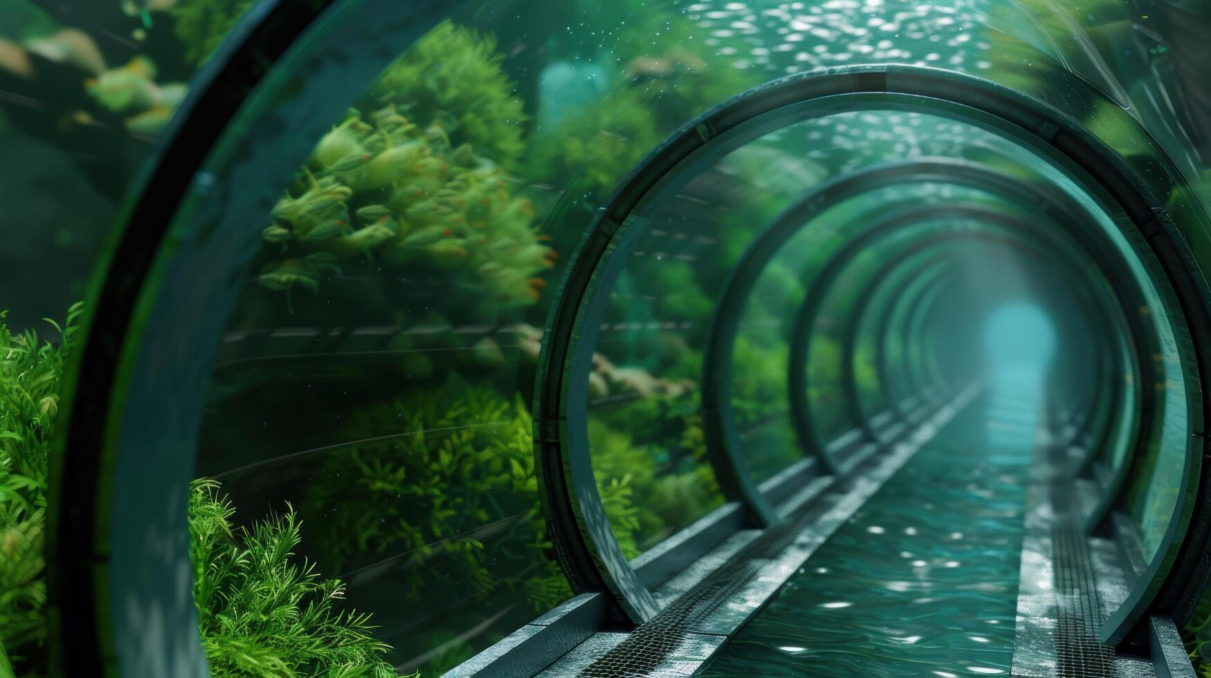 Underwater tunnel surrounded by lush greenery photo