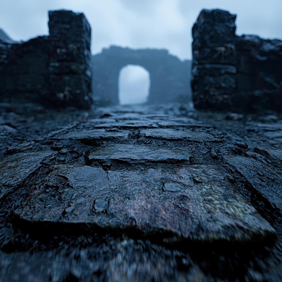 Mysterious archway in misty landscape photo