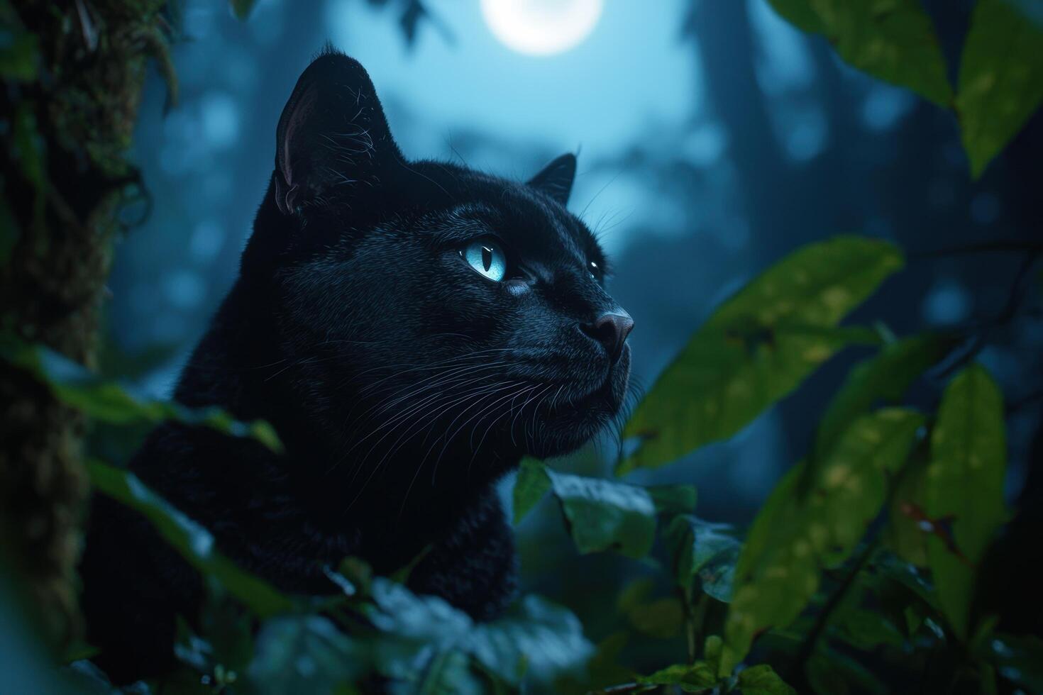 Mysterious black cat in the moonlit forest photo