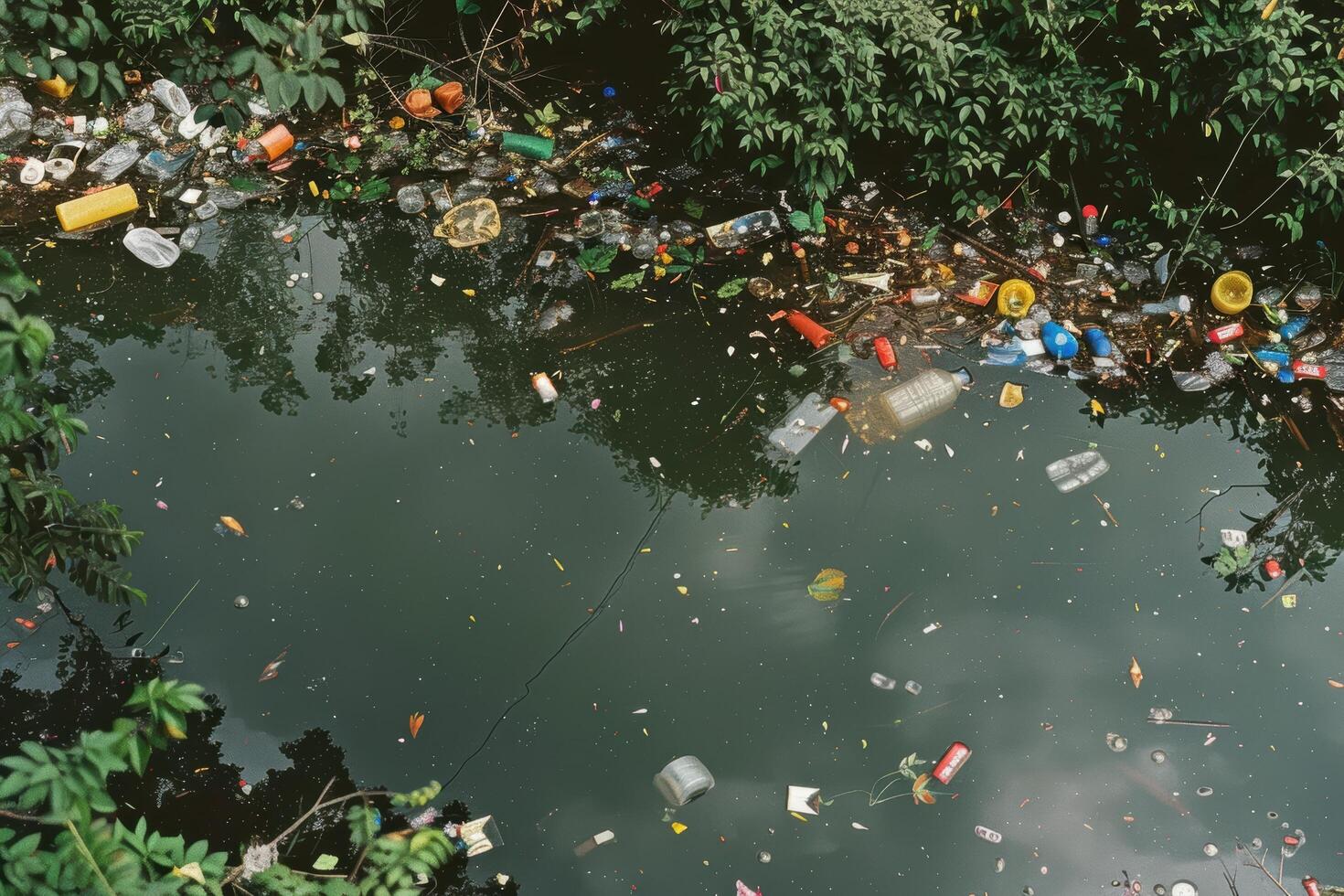 Polluted pond with plastic waste and debris photo
