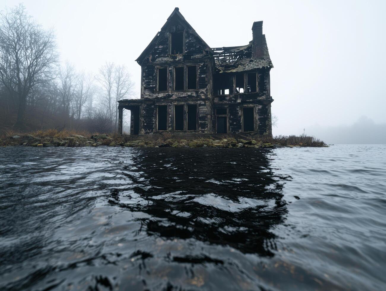 Abandoned house in the middle of a lake photo